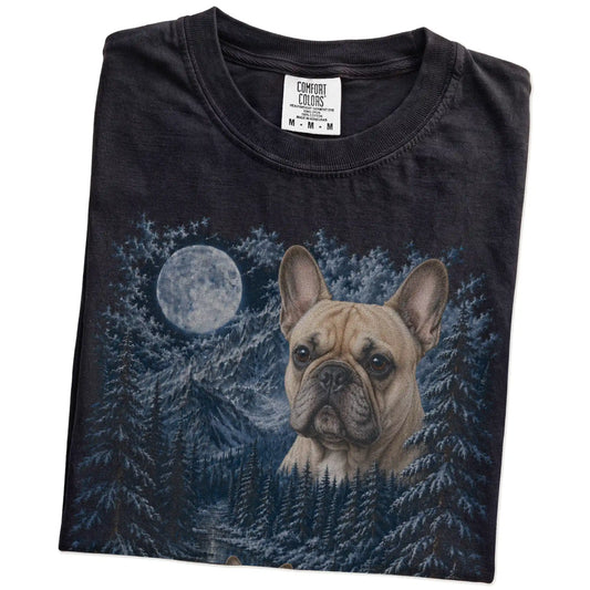 Folded black T-shirt with French Bulldog Winter Moon artwork.