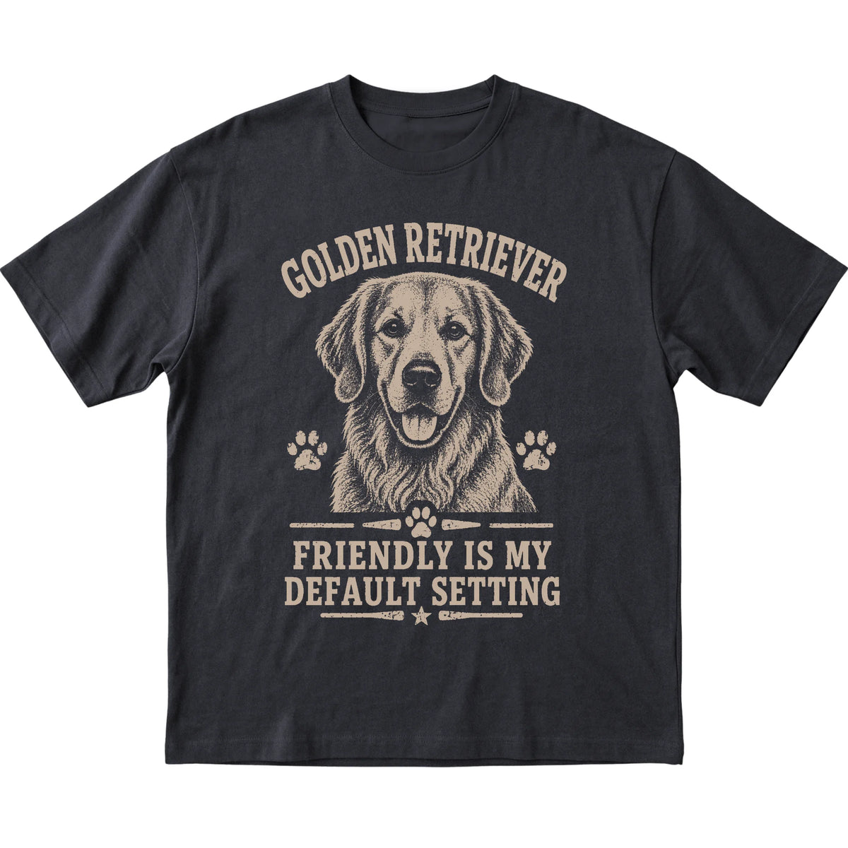 Black T-shirt featuring Friendly Is My Default Setting - Golden Retriever, laid-flat presentation