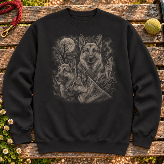 German Shepherd 90s Moon design on a Black crewneck sweatshirt shown flat