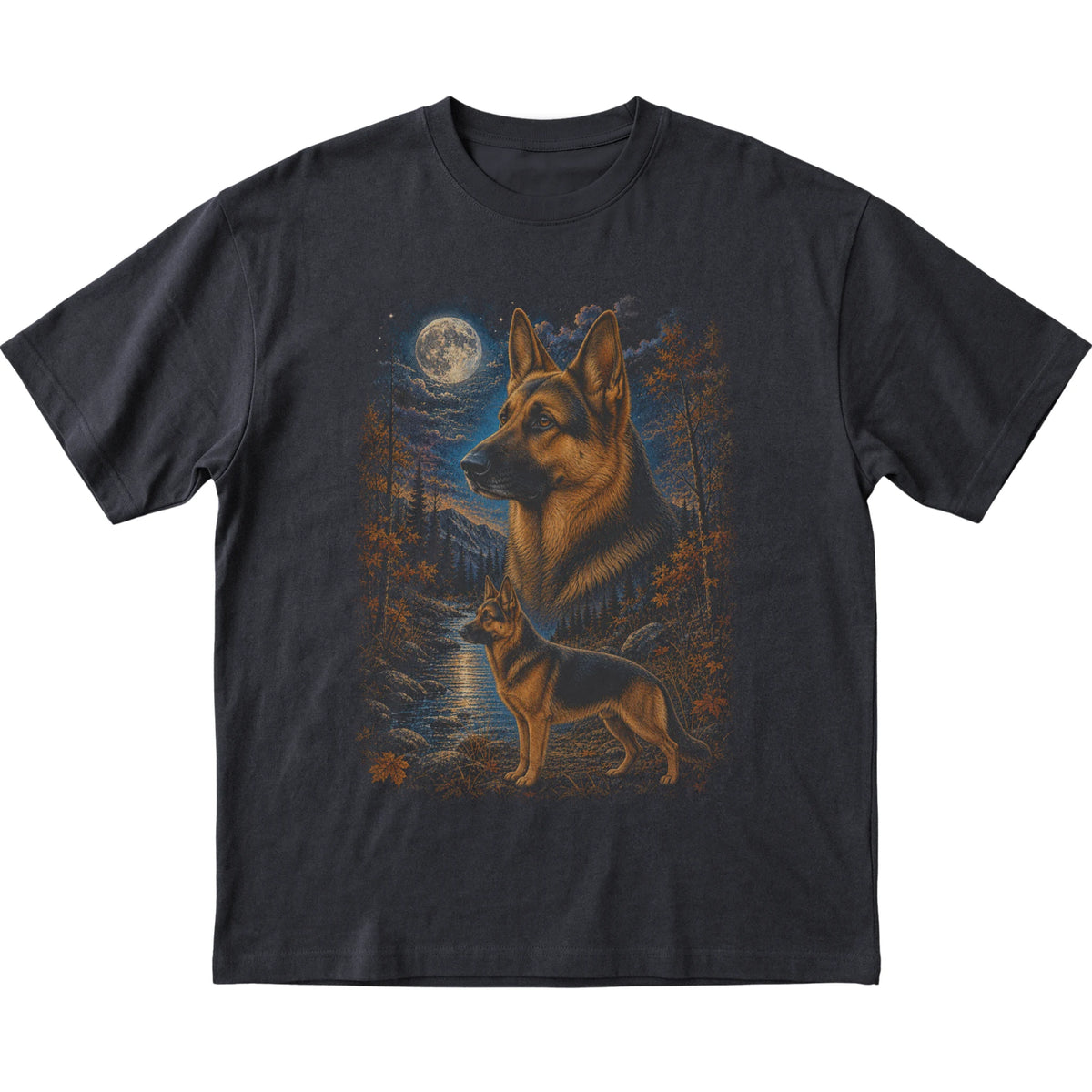 black T-shirt with German Shepherd Autumn Moon artwork.