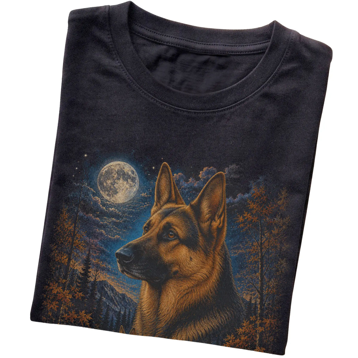 Folded black T-shirt with German Shepherd Autumn Moon artwork.