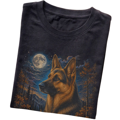 Folded black T-shirt with German Shepherd Autumn Moon artwork.