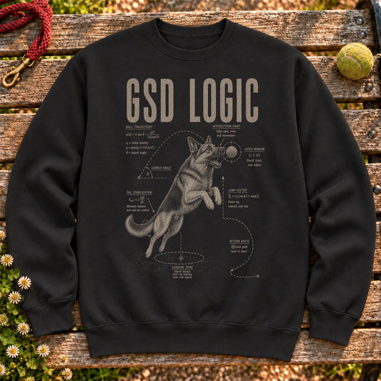German Shepherd Ball Logic on a Black crewneck sweatshirt, shown flat