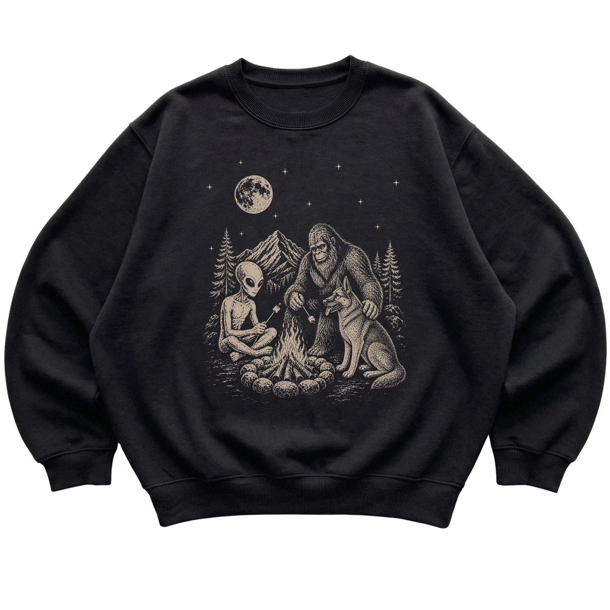 Black German Shepherd Camping with Bigfoot and Alien shirt laid flat