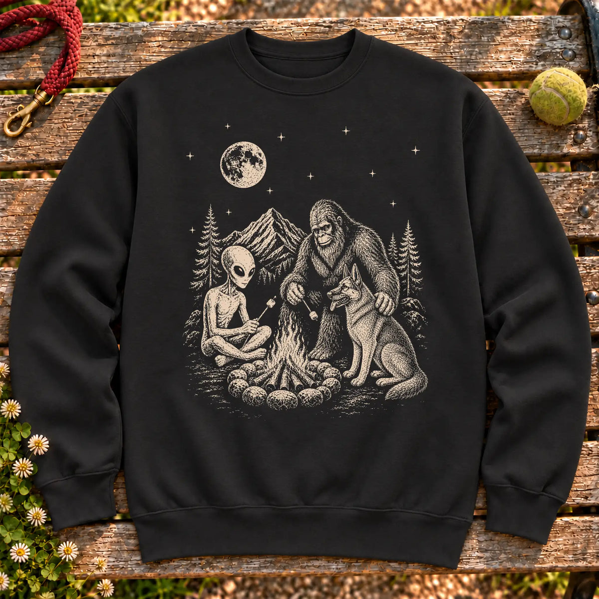 German Shepherd Camping with Bigfoot and Alien on a Black crewneck sweatshirt, shown flat