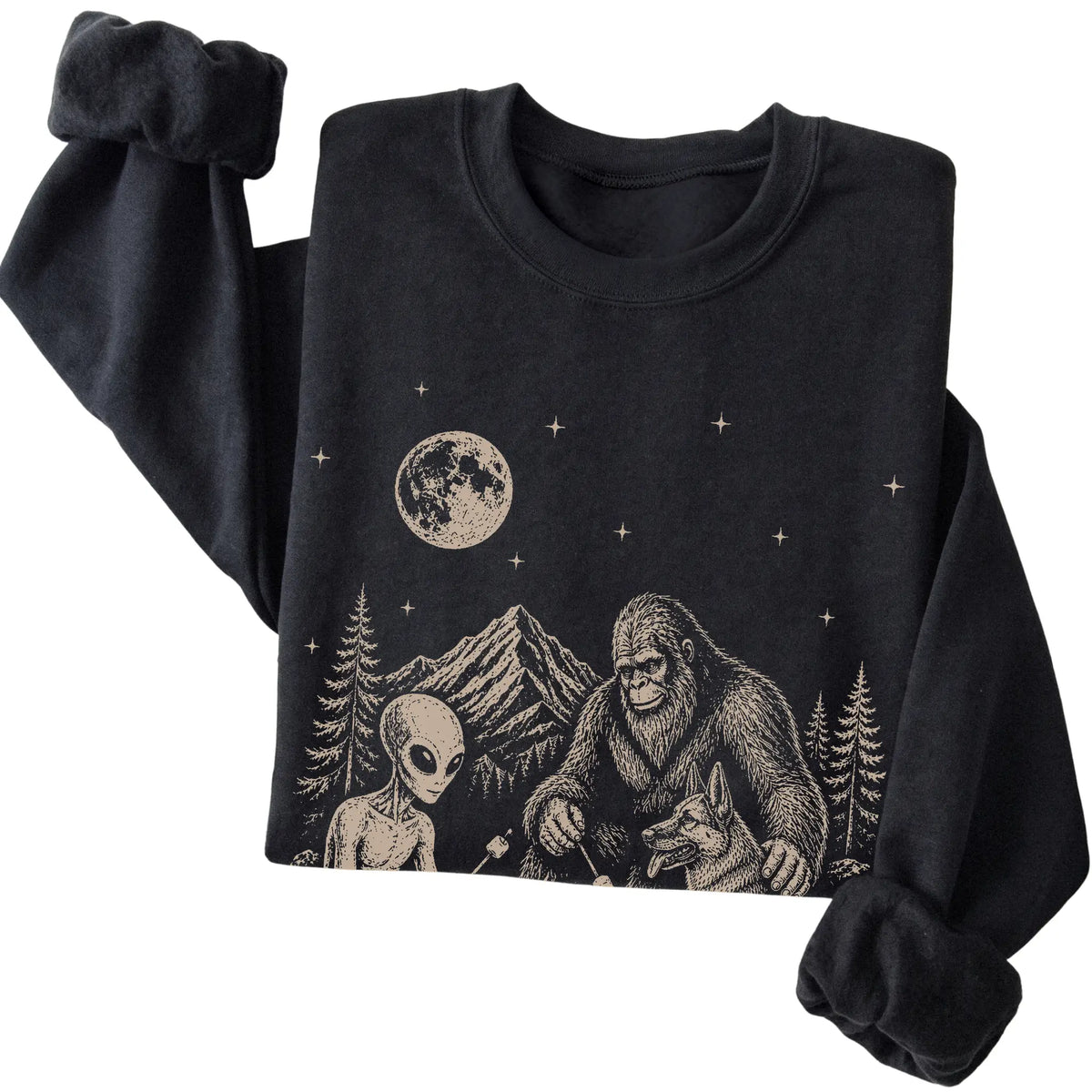 Black German Shepherd Camping with Bigfoot and Alien folded detail view