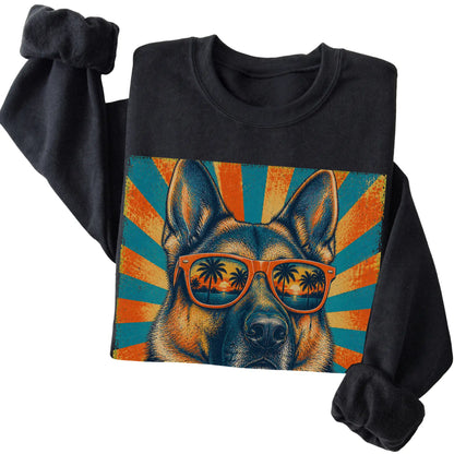Folded Black crewneck sweatshirt with a Retro German Shepherd Dad design