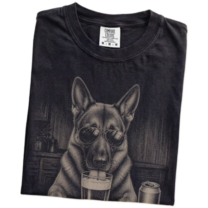 Folded Black Comfort Colors® t-shirt showing German Shepherd sneaking a drink from a pint