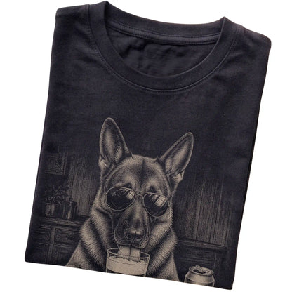 Black German Shepherd drinking from a pint at a bar, folded detail view