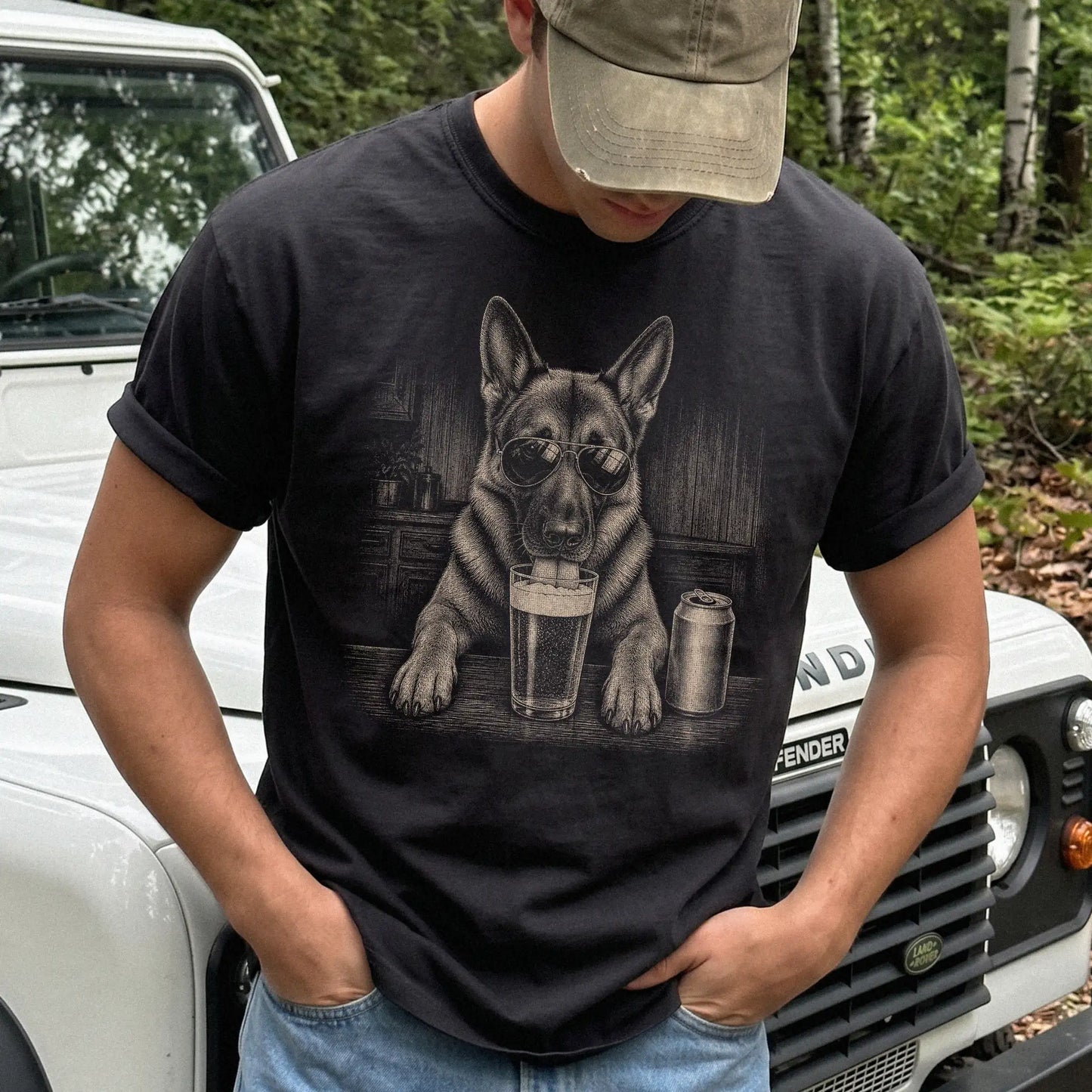 Model wearing a Black Comfort Colors® t-shirt with German Shepherd sneaking a drink from a pint