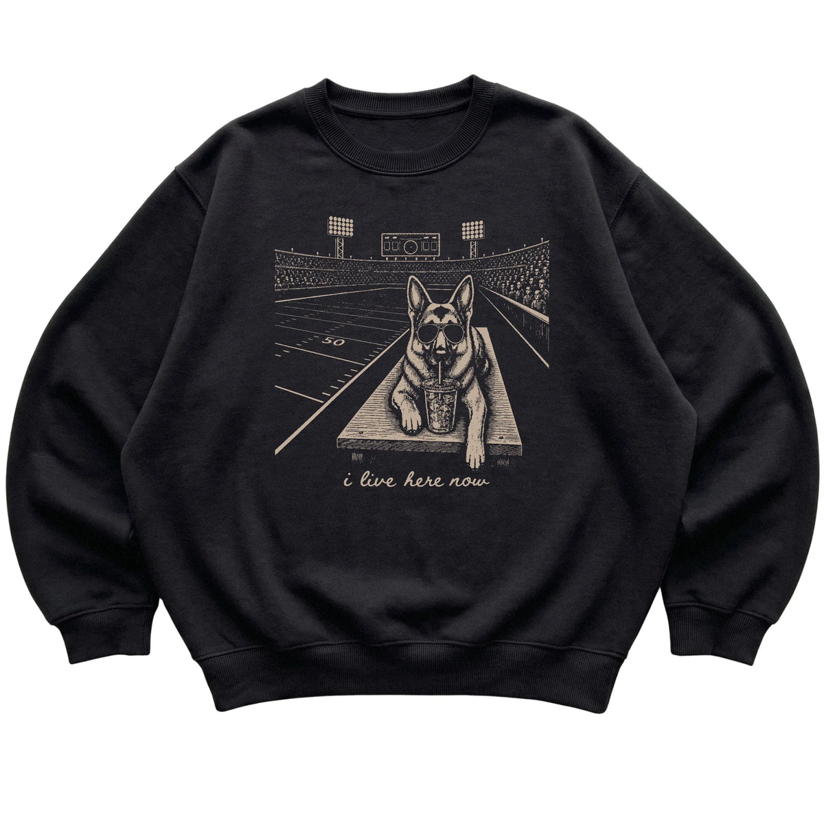 Black German Shepherd Football Tailgate sweatshirt, laid flat