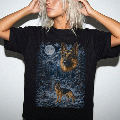 Person wearing a Black German Shepherd winter forest t-shirt