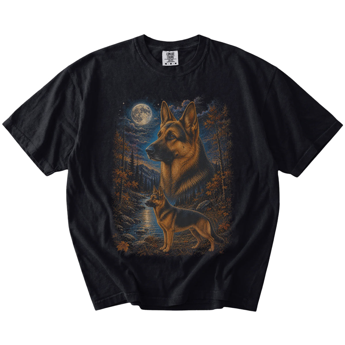 German Shepherd in a moonlit fall forest scene on a Black Comfort Colors® t-shirt
