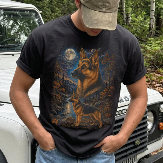 Model wearing a Black Comfort Colors® t-shirt featuring German Shepherd in a moonlit fall forest