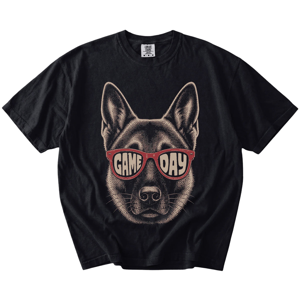 German Shepherd wearing red Game Day sunglasses on a Black Comfort Colors® T-shirt