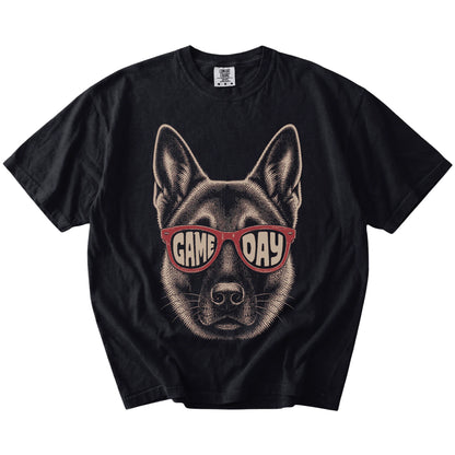 German Shepherd wearing red Game Day sunglasses on a Black Comfort Colors® T-shirt