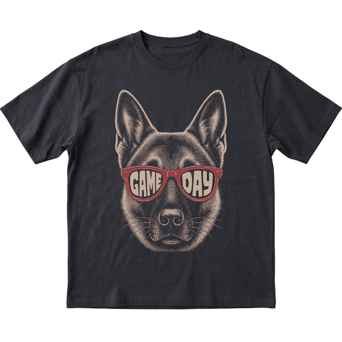 Black German Shepherd Game Day Sunglasses T-shirt, laid flat