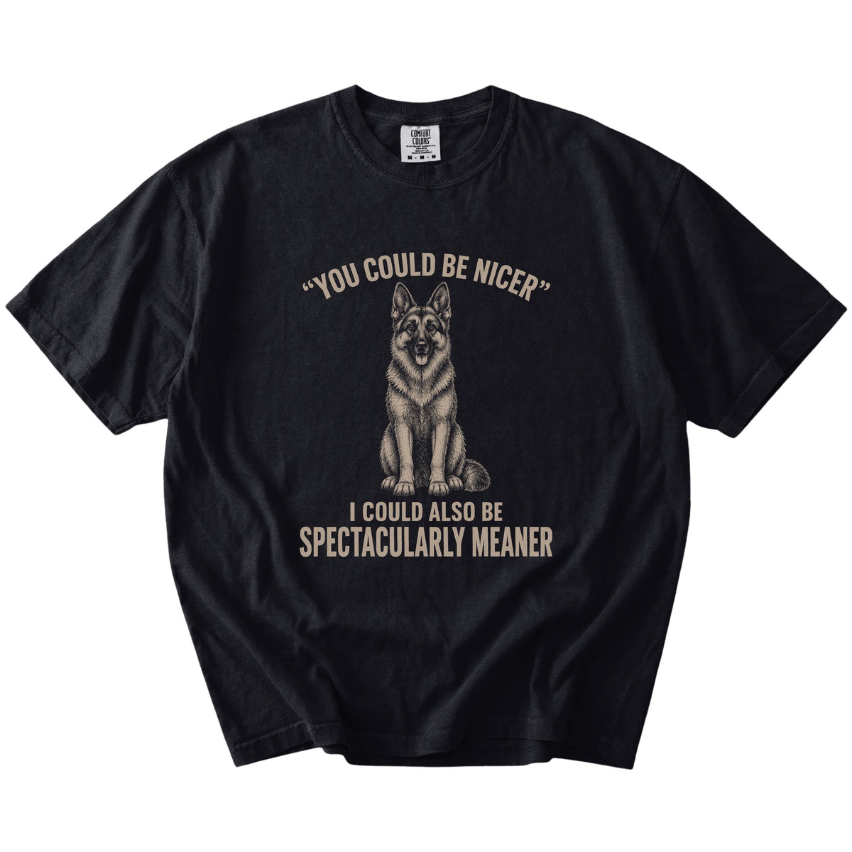 German Shepherd Guard Dog T-Shirt in Black — flat lay