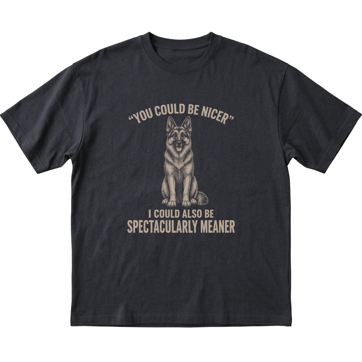 German Shepherd Guard Dog T-Shirt in Black — flat lay