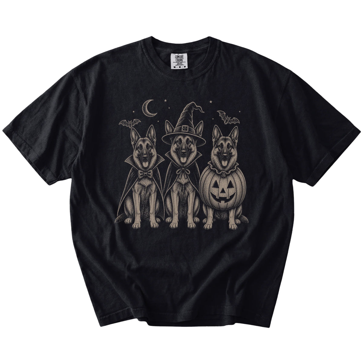 Three German Shepherd dogs dressed for Halloween beneath bats and a crescent moon on a Black Comfort Colors® T-shirt