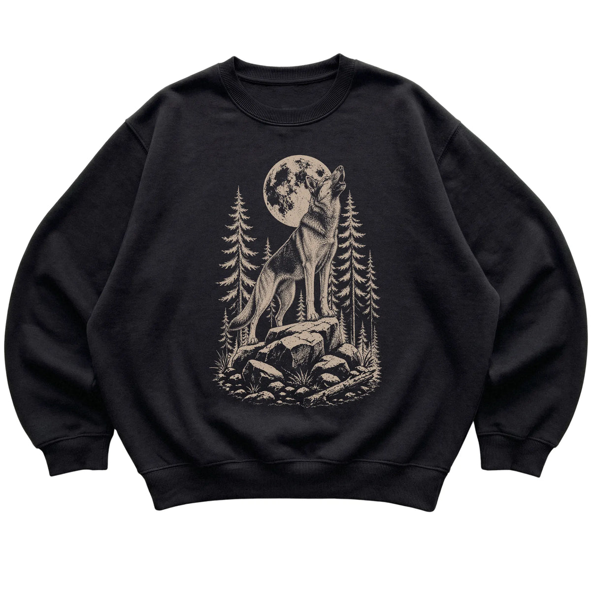 Close view of German Shepherd Howling at the Moon artwork on Black crewneck sweatshirt