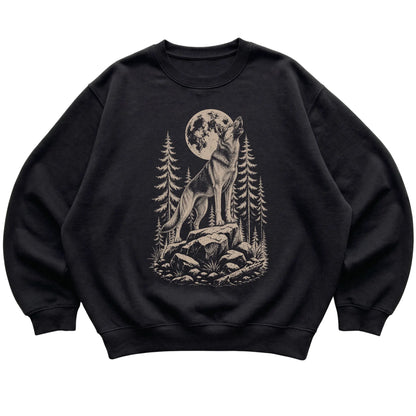 Close view of German Shepherd Howling at the Moon artwork on Black crewneck sweatshirt