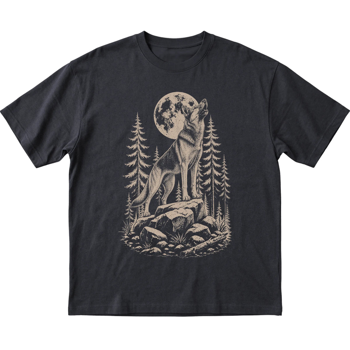 Close view of German Shepherd Howling at the Moon artwork on Black softstyle T-shirt