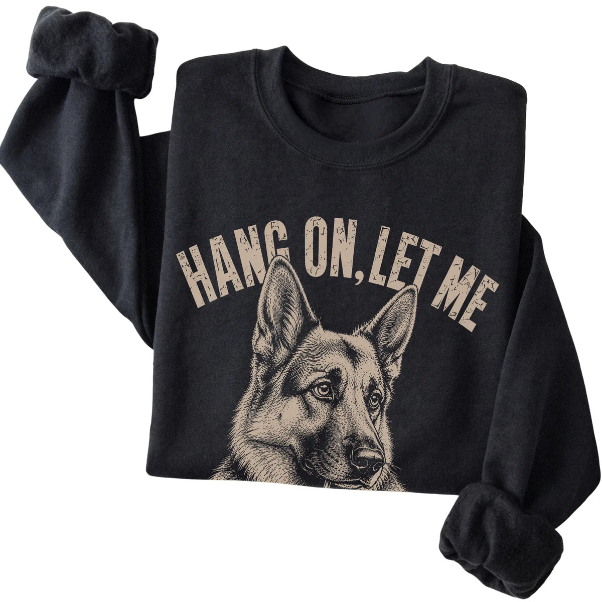 Black crewneck sweatshirt featuring Overthinking German Shepherd, folded presentation
