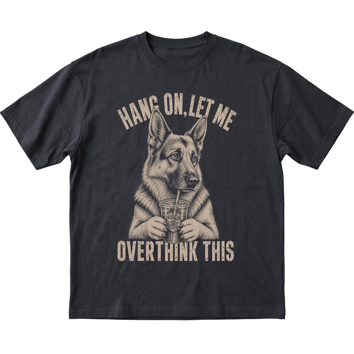 Black T-shirt featuring Overthinking German Shepherd, laid-flat presentation