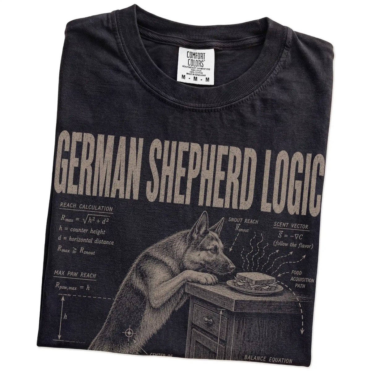 Folded Black German Shepherd Logic T-Shirt showing the graphic