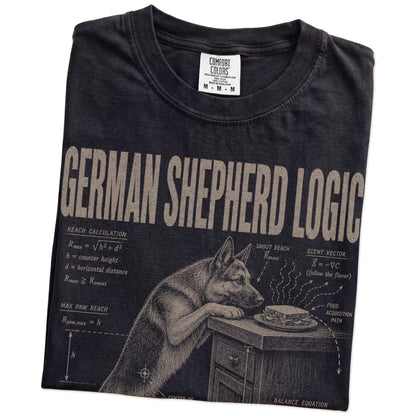 Folded Black German Shepherd Logic T-Shirt showing the graphic