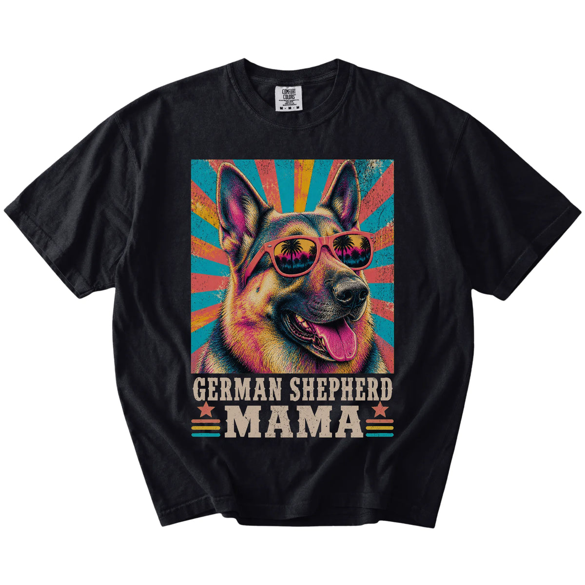 Retro German Shepherd Mama design on a Black Comfort Colors T-shirt