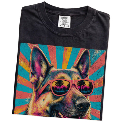 Retro German Shepherd Mama design on a Black Comfort Colors T-shirt folded detail