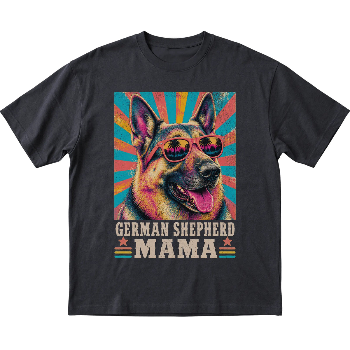 Retro German Shepherd Mama design on a Black softstyle T-shirt