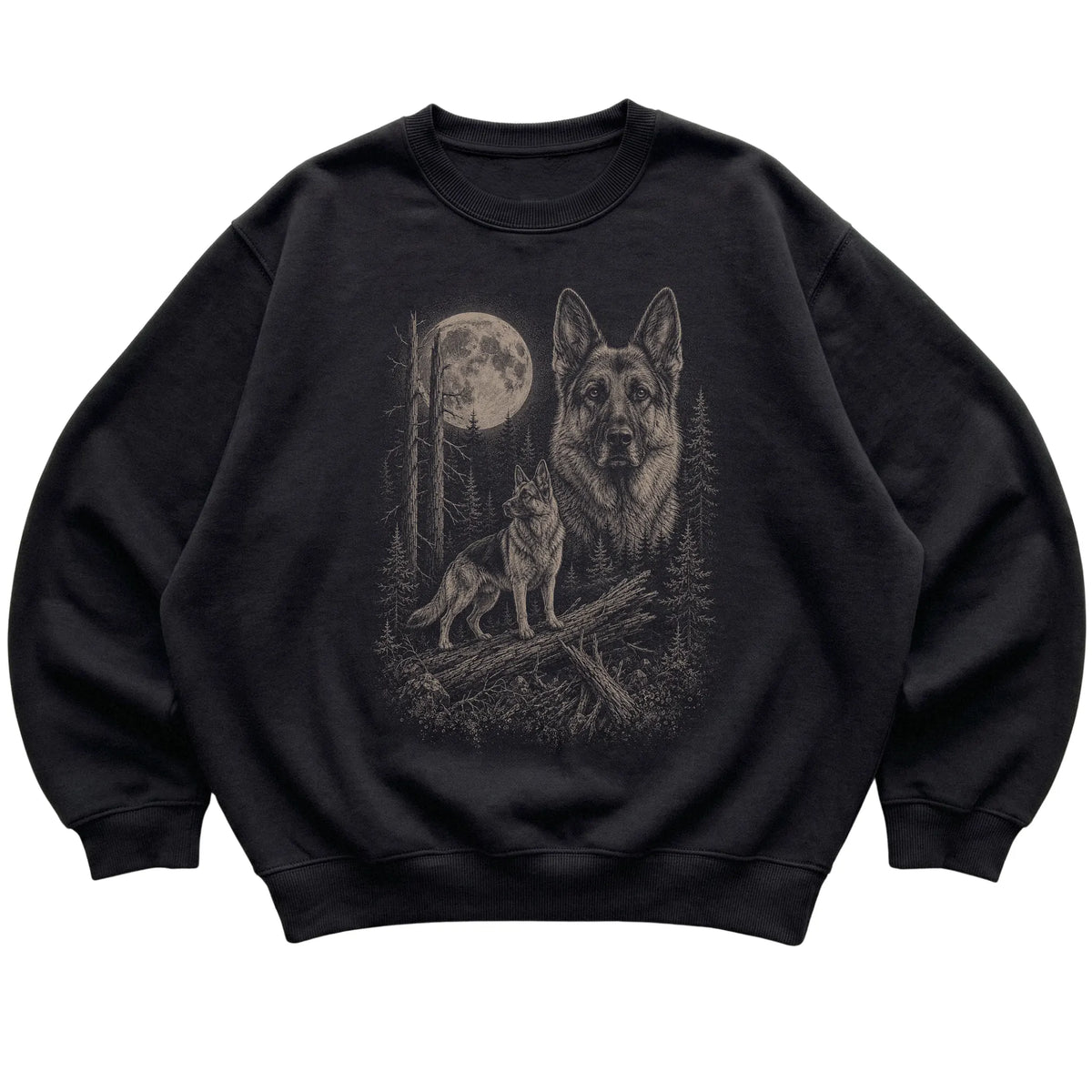German Shepherd Moonlit Forest graphic on a black crewneck sweatshirt laid flat