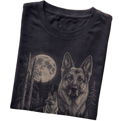 Folded black Softstyle T-shirt showing the German Shepherd Moonlit Forest graphic