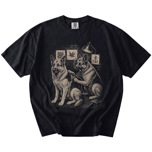 Black German Shepherd Tattoo t-shirt laid flat