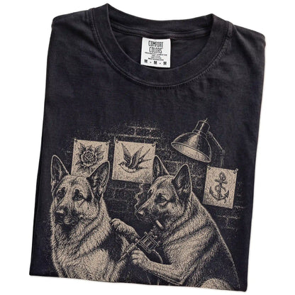 Folded Black German Shepherd Tattoo t-shirt showing the graphic