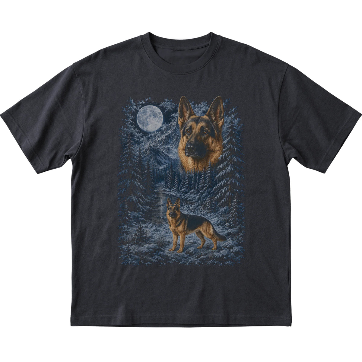 black T-shirt with German Shepherd Winter Moon artwork.