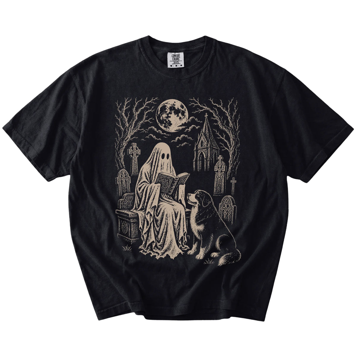 Bernese Mountain Dog beside a reading ghost in a moonlit graveyard on a Black Comfort Colors® T-shirt