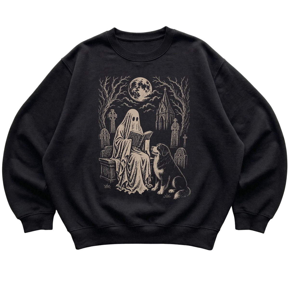 Black crewneck sweatshirt featuring Ghost Reading to Bernese Mountain Dog, laid-flat presentation