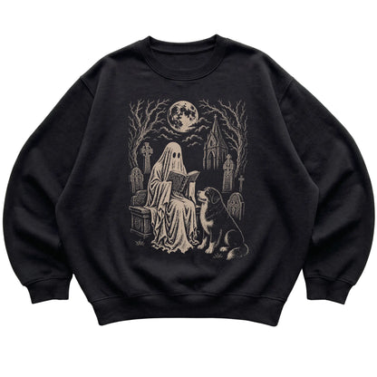 Black crewneck sweatshirt featuring Ghost Reading to Bernese Mountain Dog, laid-flat presentation