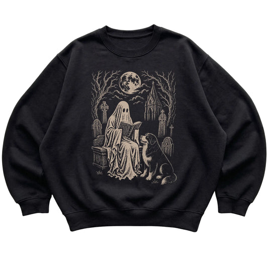 Black crewneck sweatshirt featuring Ghost Reading to Bernese Mountain Dog, laid-flat presentation
