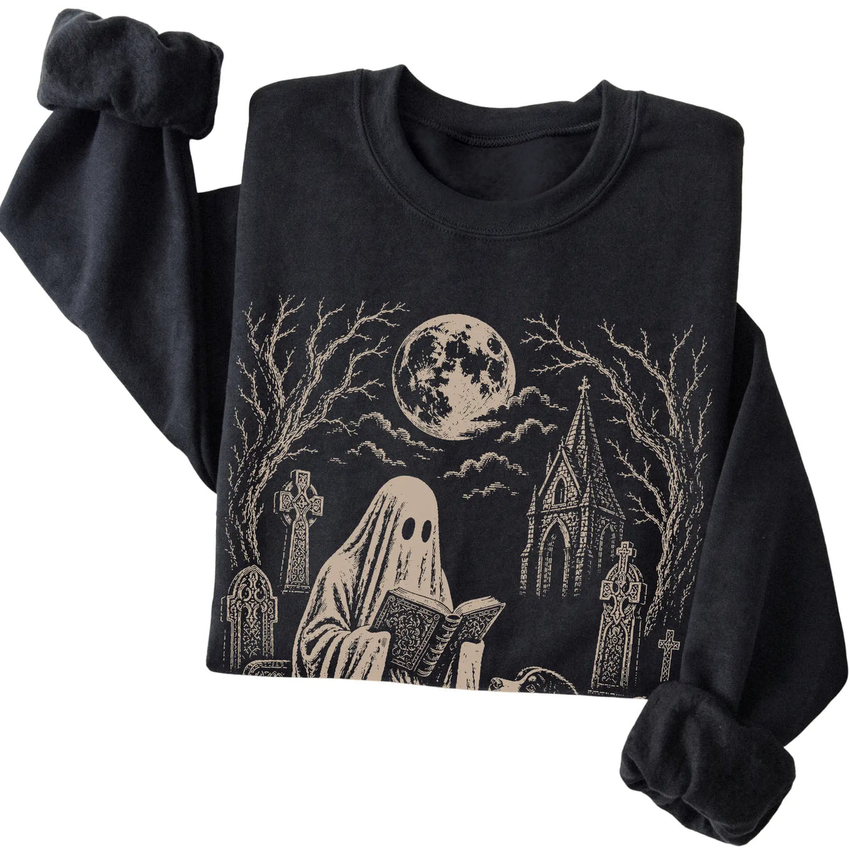 Black crewneck sweatshirt featuring Ghost Reading to Bernese Mountain Dog, folded presentation