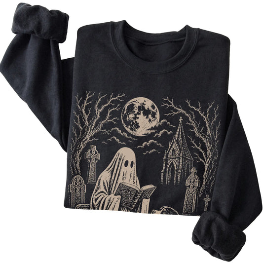 Black crewneck sweatshirt featuring Ghost Reading to Bernese Mountain Dog, folded presentation