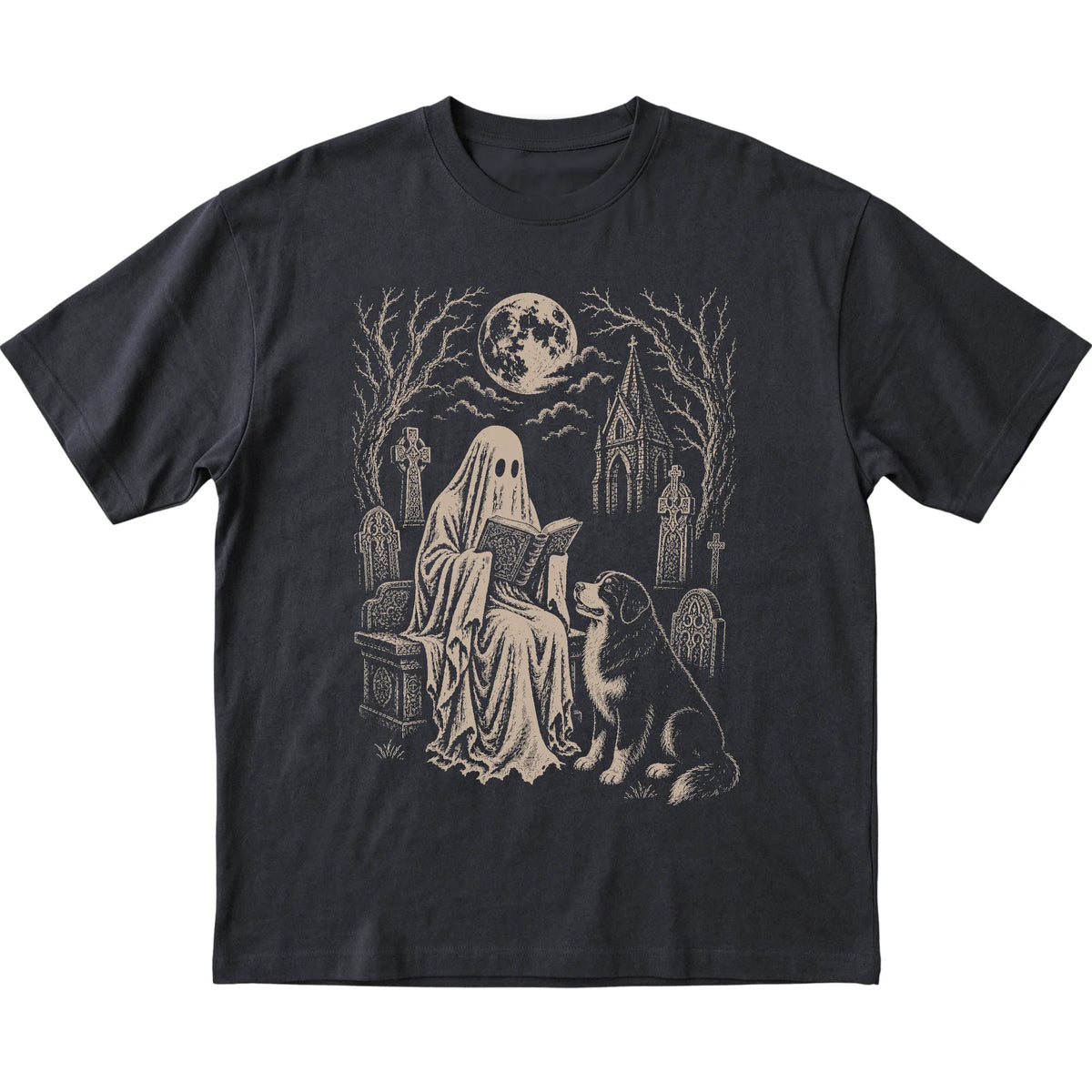 Black T-shirt featuring Ghost Reading to Bernese Mountain Dog, laid-flat presentation