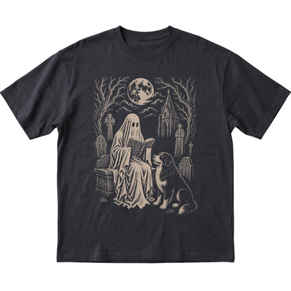 Black T-shirt featuring Ghost Reading to Bernese Mountain Dog, laid-flat presentation