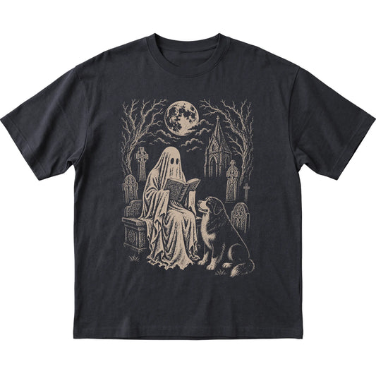 Black T-shirt featuring Ghost Reading to Bernese Mountain Dog, laid-flat presentation