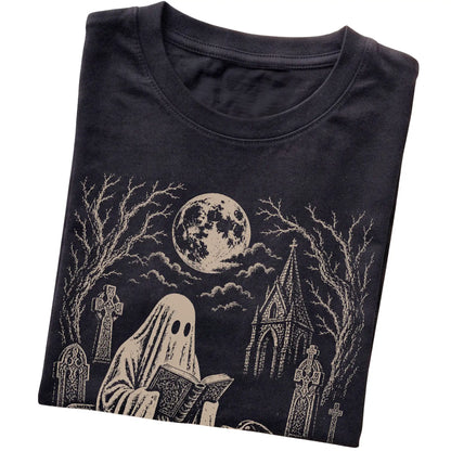 Black T-shirt featuring Ghost Reading to Bernese Mountain Dog, folded presentation