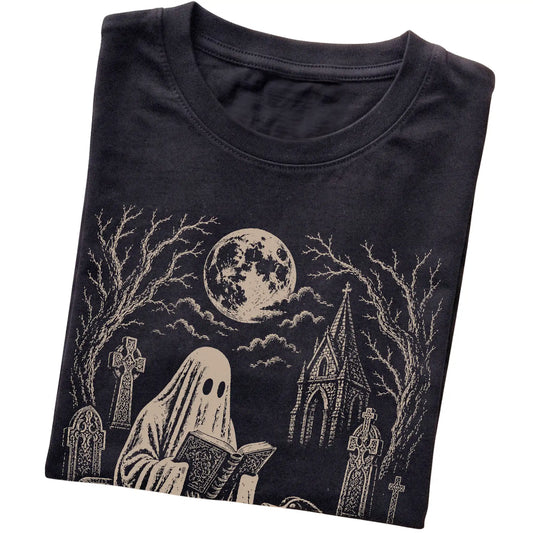 Black T-shirt featuring Ghost Reading to Bernese Mountain Dog, folded presentation